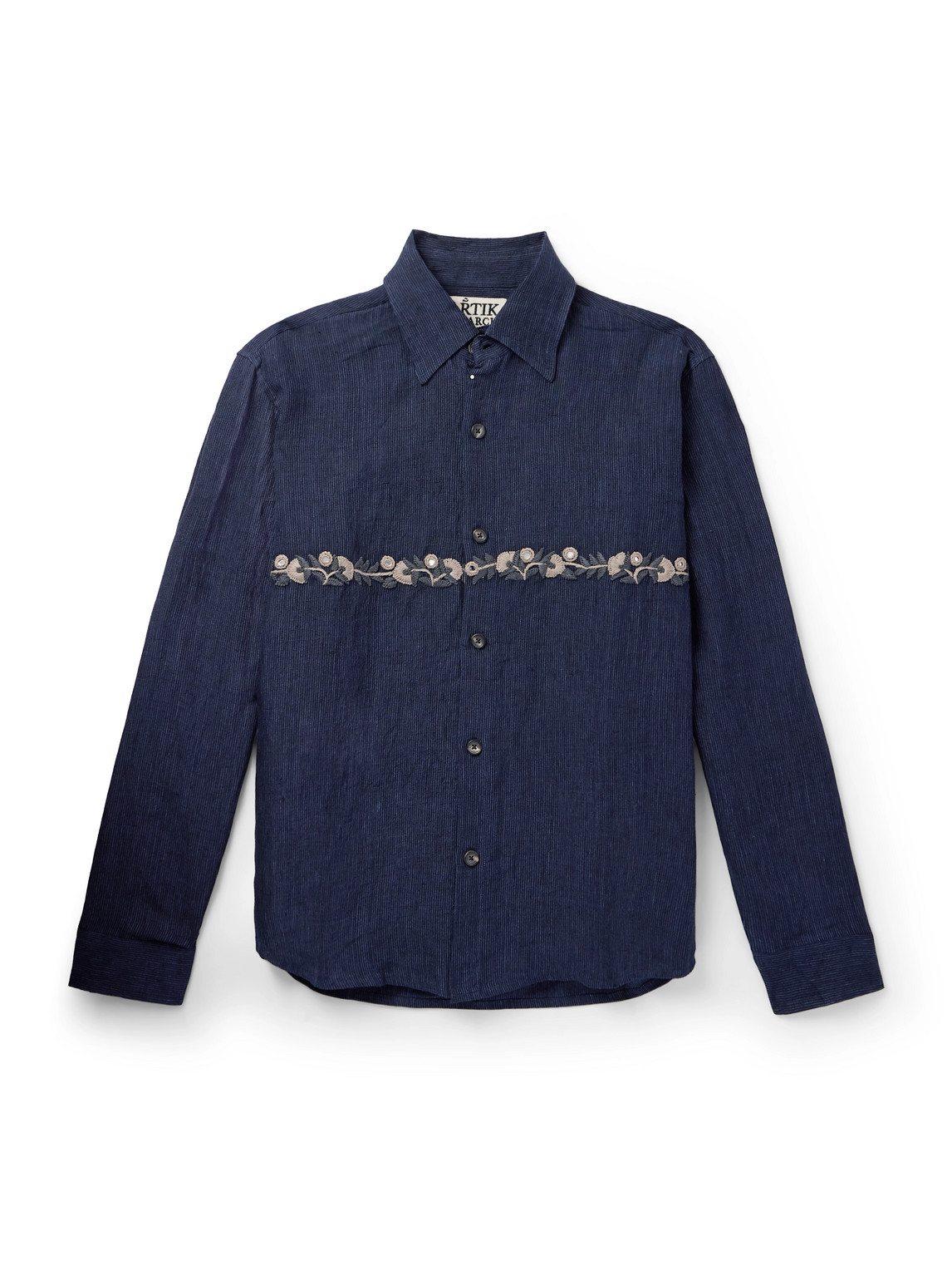 Kartik Research Layered Appliquéd Embellished Embroidered Pinstriped Linen Shirt In Blue