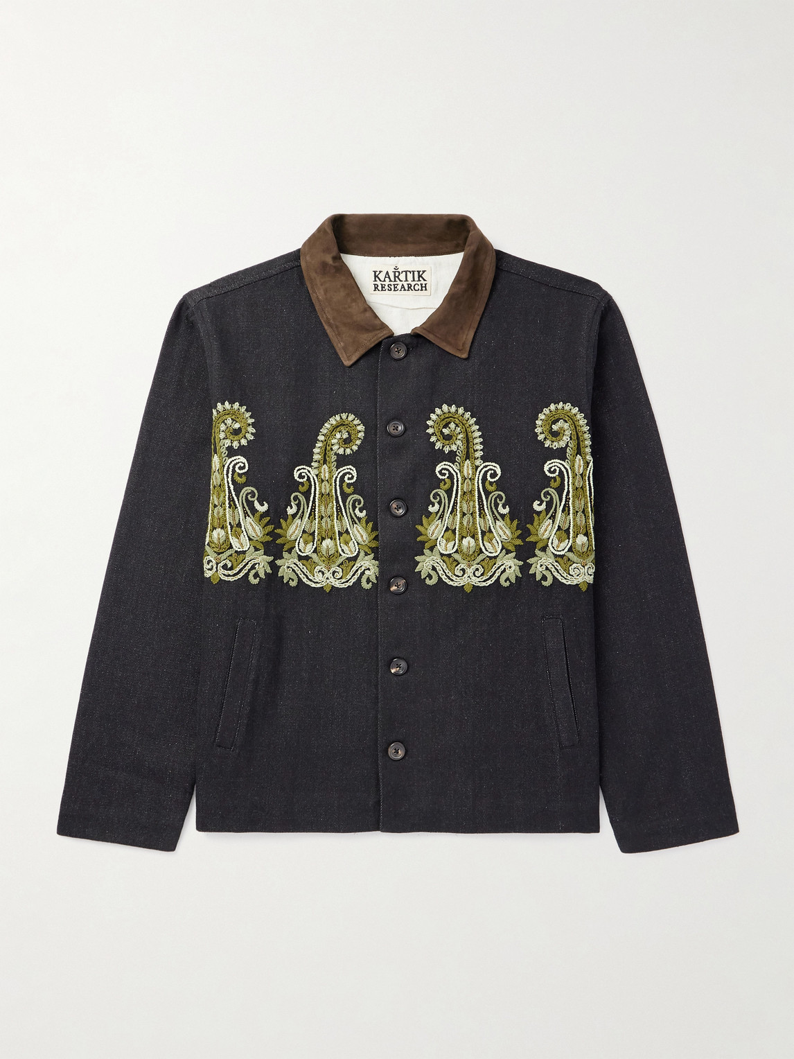 Kartik Research Embroidered Bead-Embellished uede-Trimmed Denim Jacket - Men