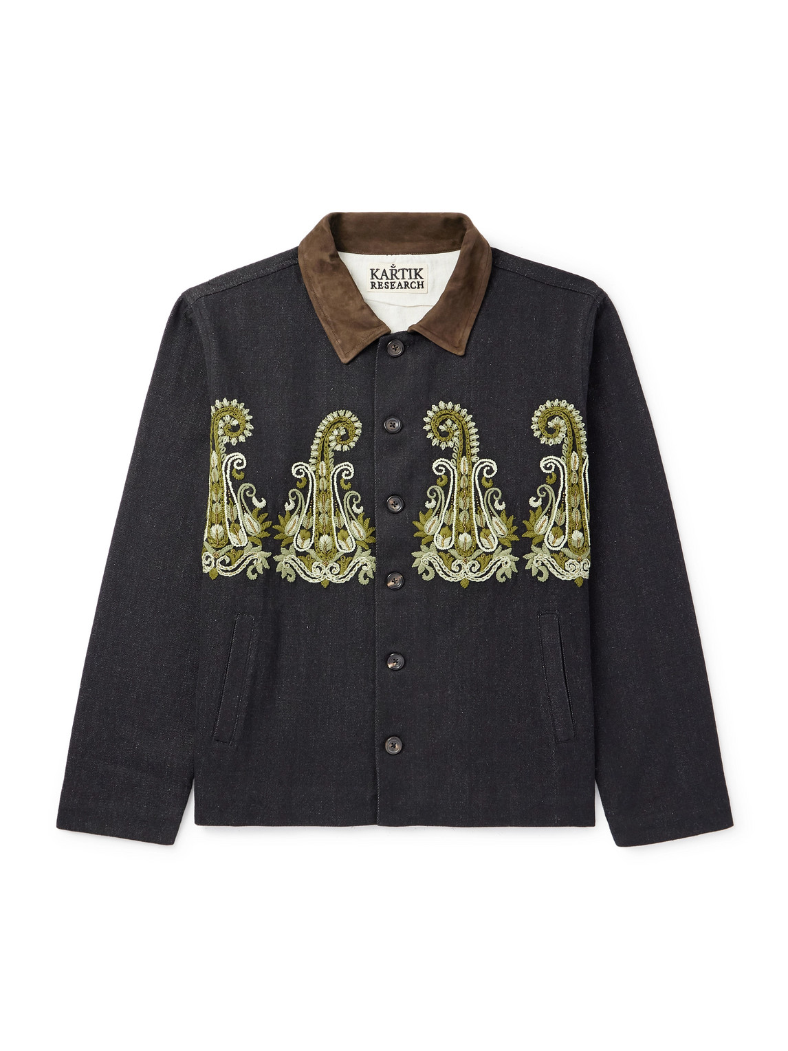 Kartik Research Embroidered Bead-embellished Suede-trimmed Denim Jacket In Black