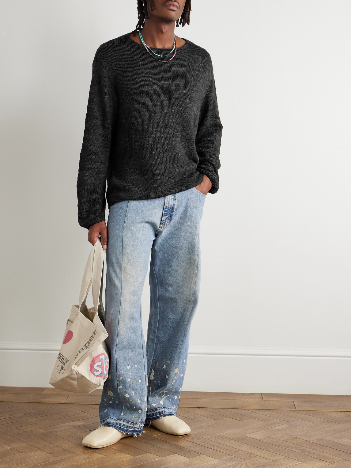 Kartik Research Logo-embroidered Knitted Silk Sweater In Gray