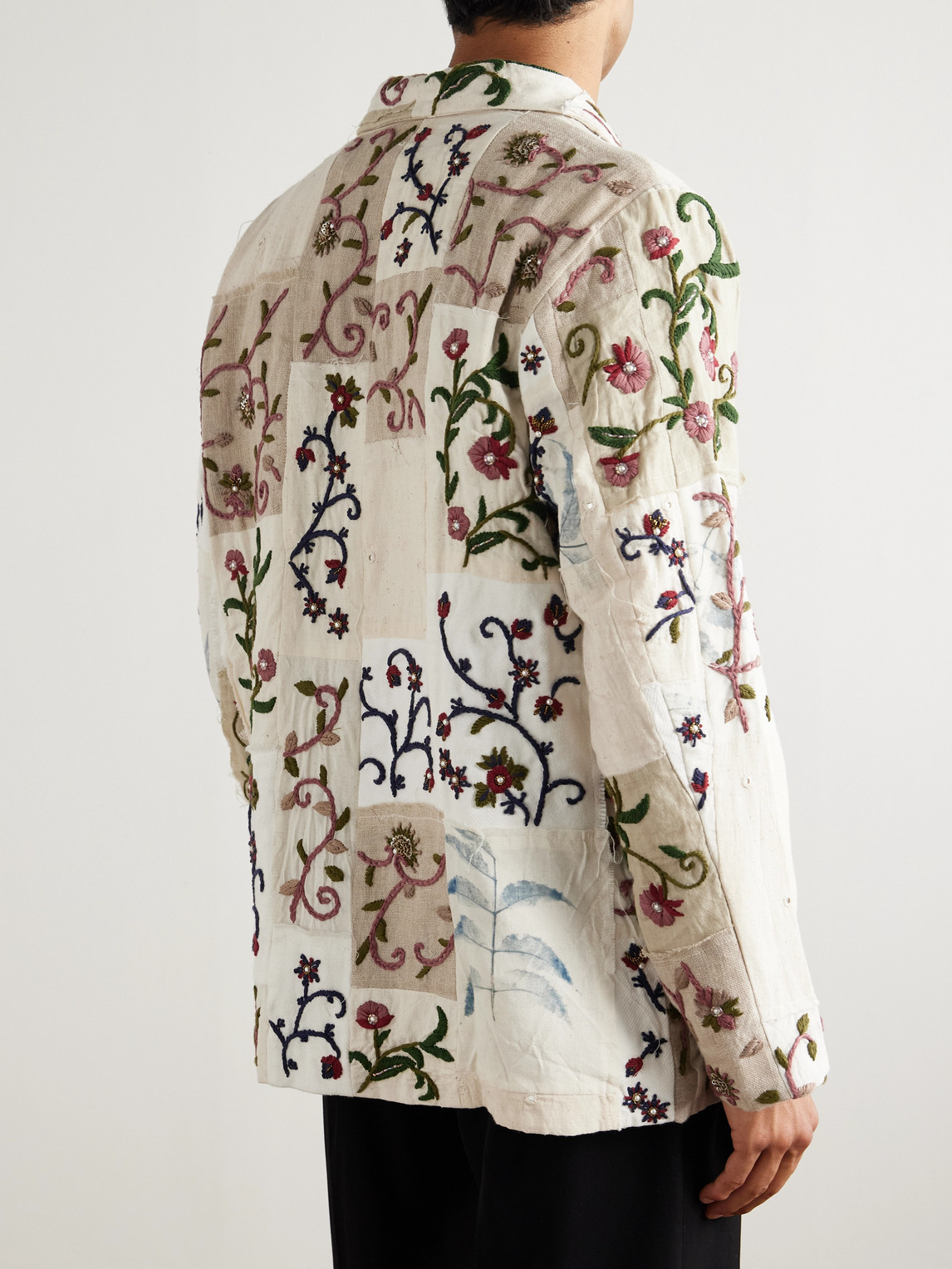  Kartik Research - Chintz Embroidered Bead-embellished Patchwork Frayed Cotton Blazer - Men - Neutrals - S 