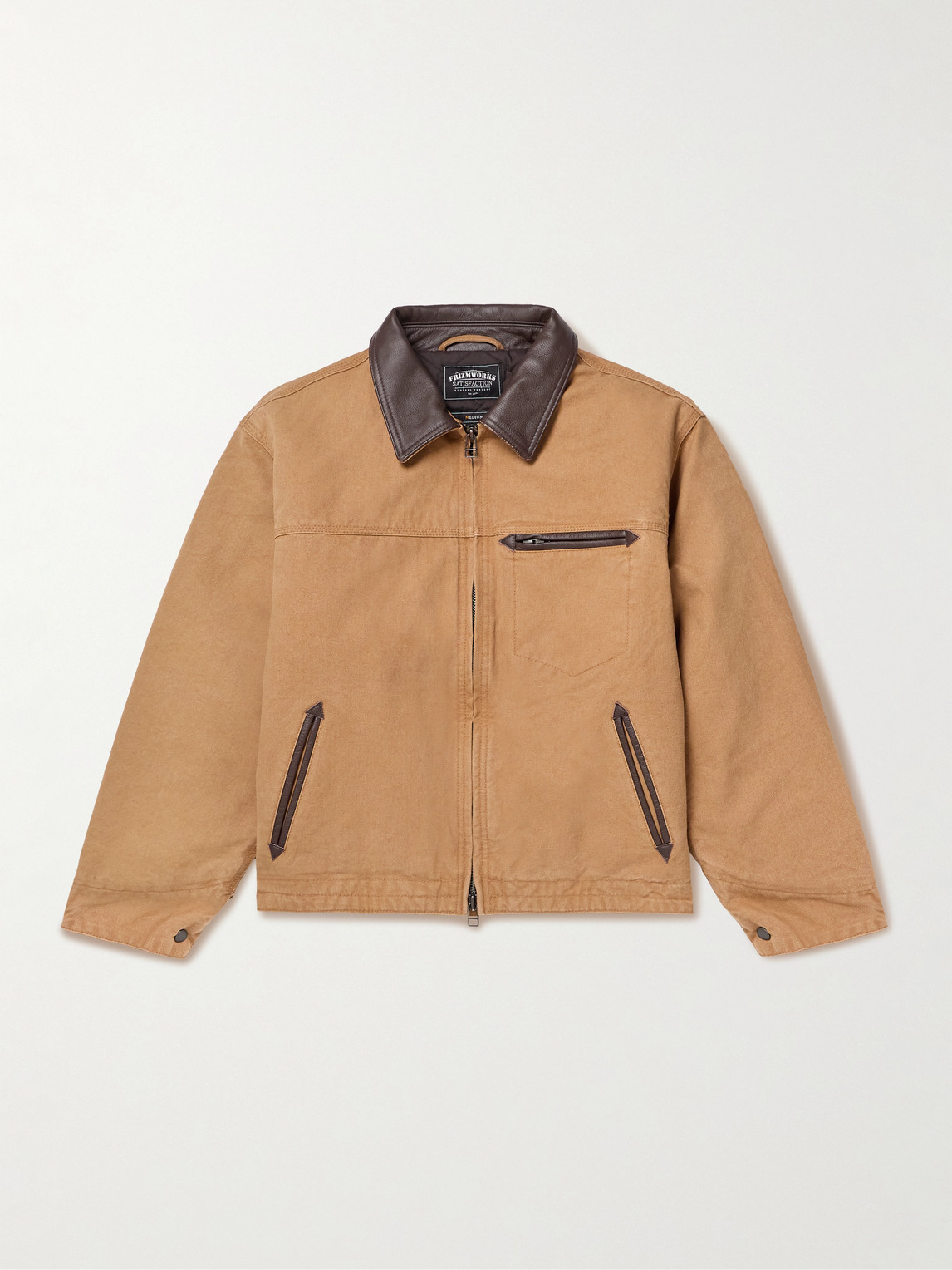 Frizmworks Leather-trimmed Distressed Cotton-canvas Jacket In Brown