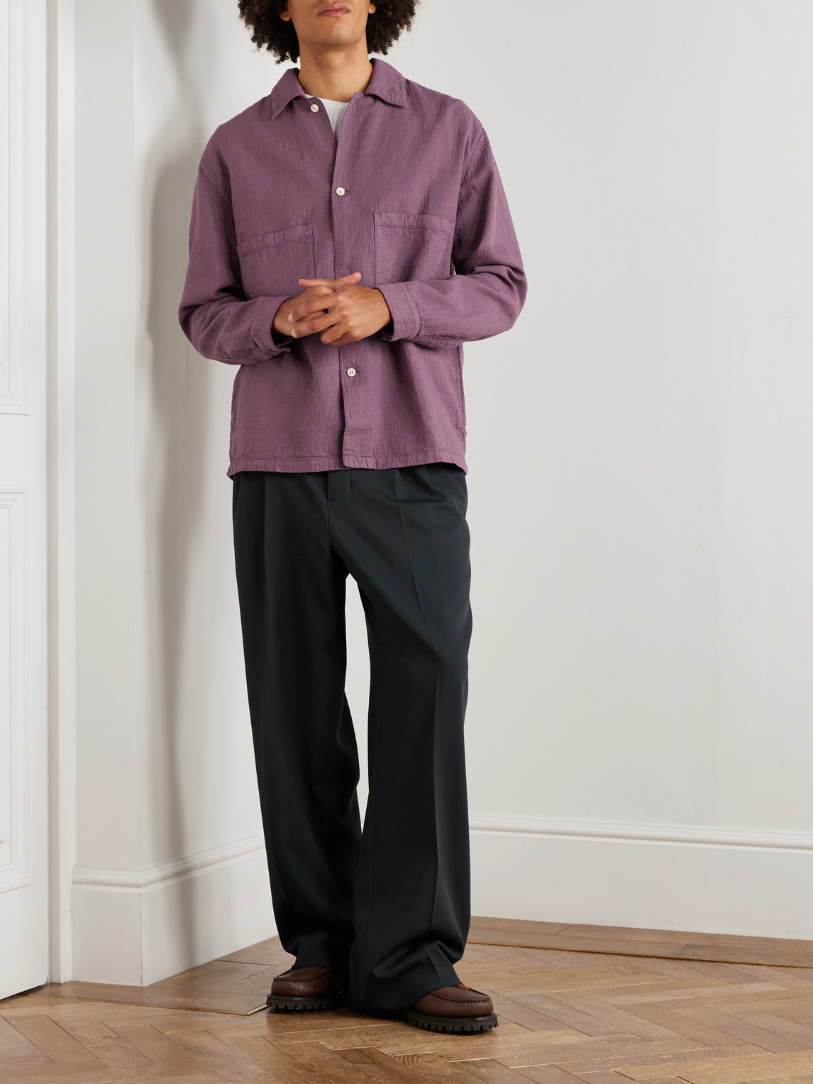 A Kind Of Guise Sayan Garment-dyed Crinkled Cotton Overshirt In Purple