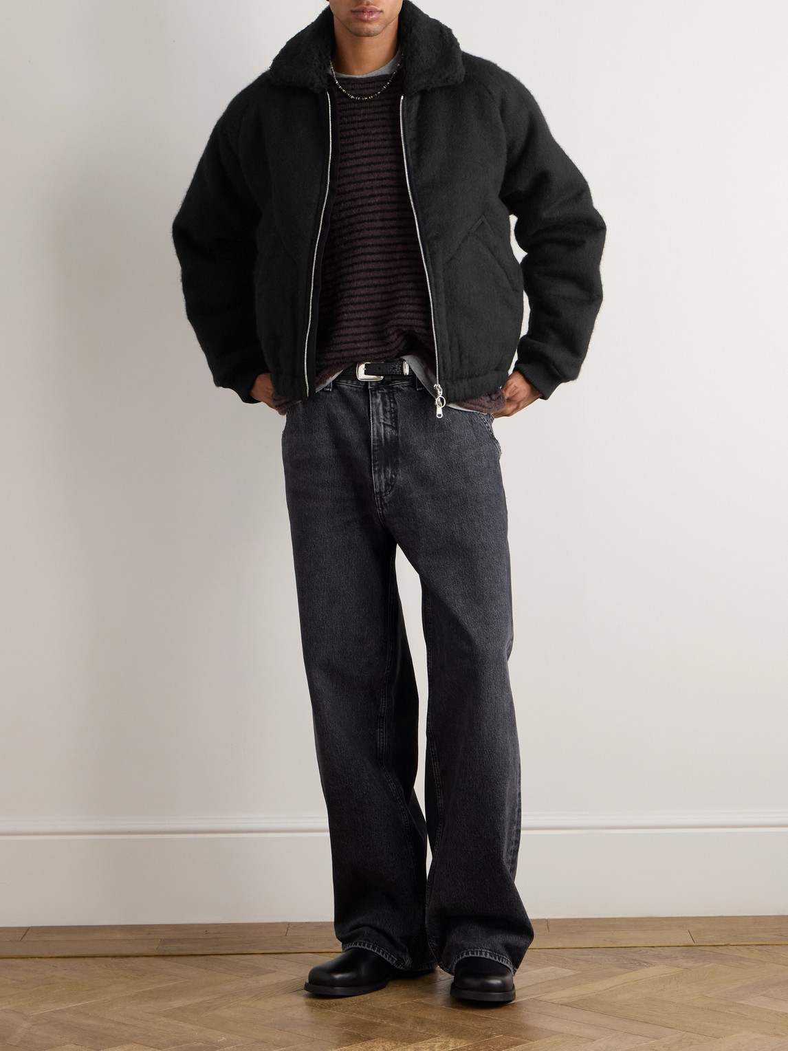 A Kind Of Guise Gobi Bear Cropped Wool And Cotton-blend Bomber Jacket In Black