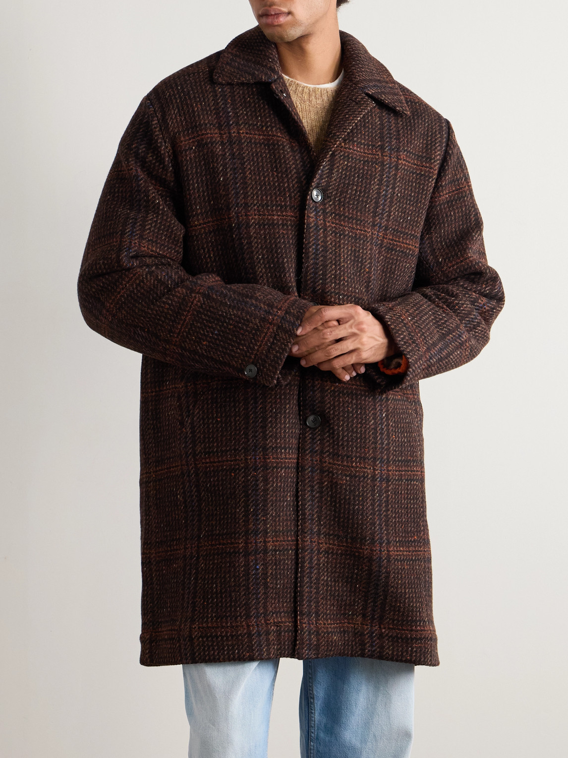A Kind Of Guise Manas Checked Virgin Wool-tweed Coat With Padded Quilted Shell Liner In Brown