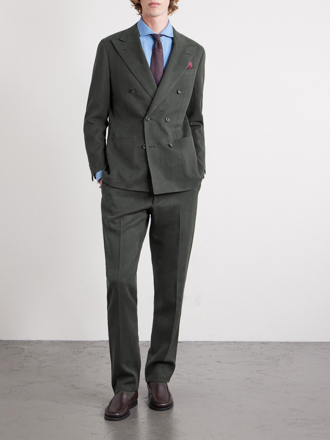 Thom Sweeney Double-breasted Linen Suit In Gray