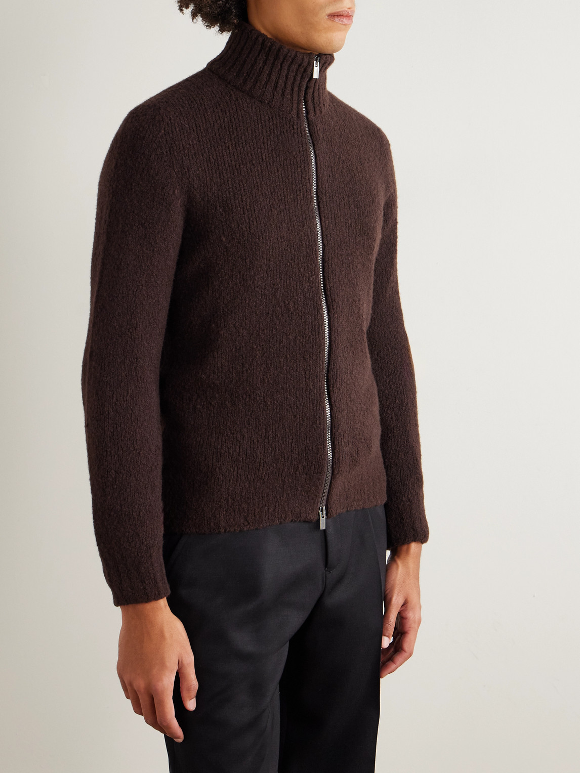 Thom Sweeney Slim-fit Merino Wool-blend Zip-up Cardigan In Brown