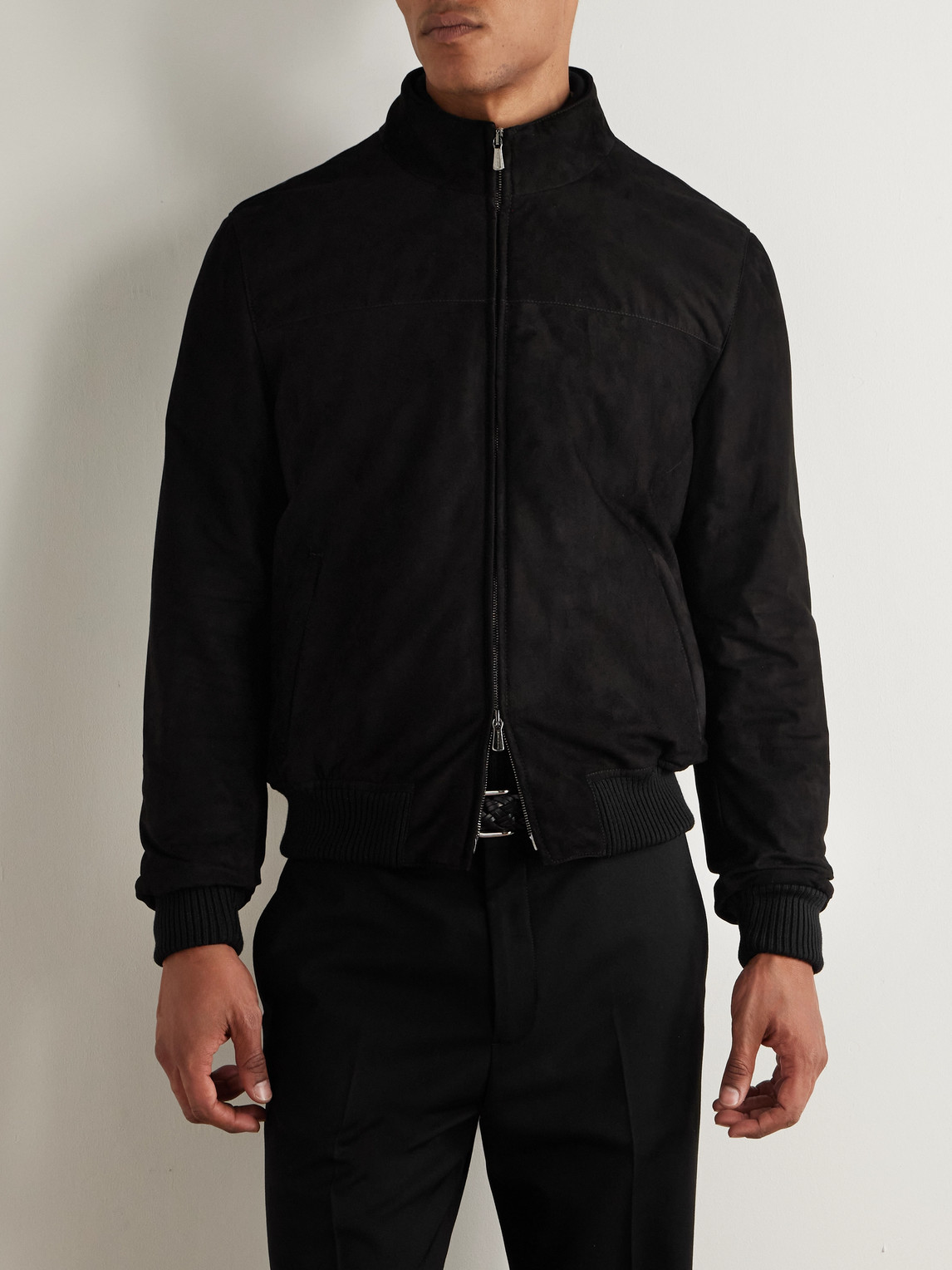 Thom Sweeney Suede Bomber Jacket In Black