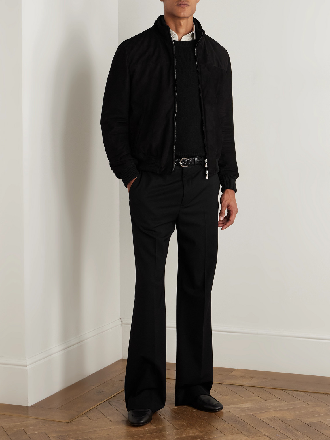 Thom Sweeney Suede Bomber Jacket In Black