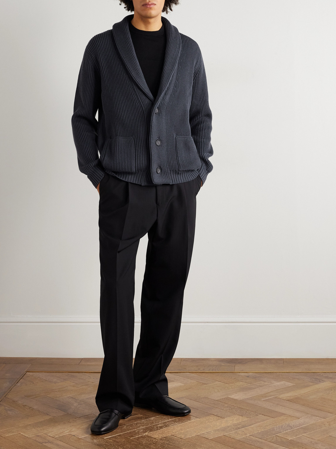 Thom Sweeney Shawl-collar Ribbed Wool Cardigan In Blue