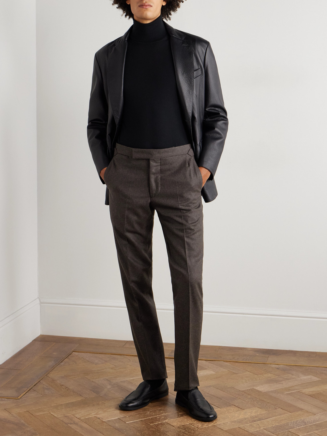 Thom Sweeney Slim-fit Tapered Wool Trousers In Brown