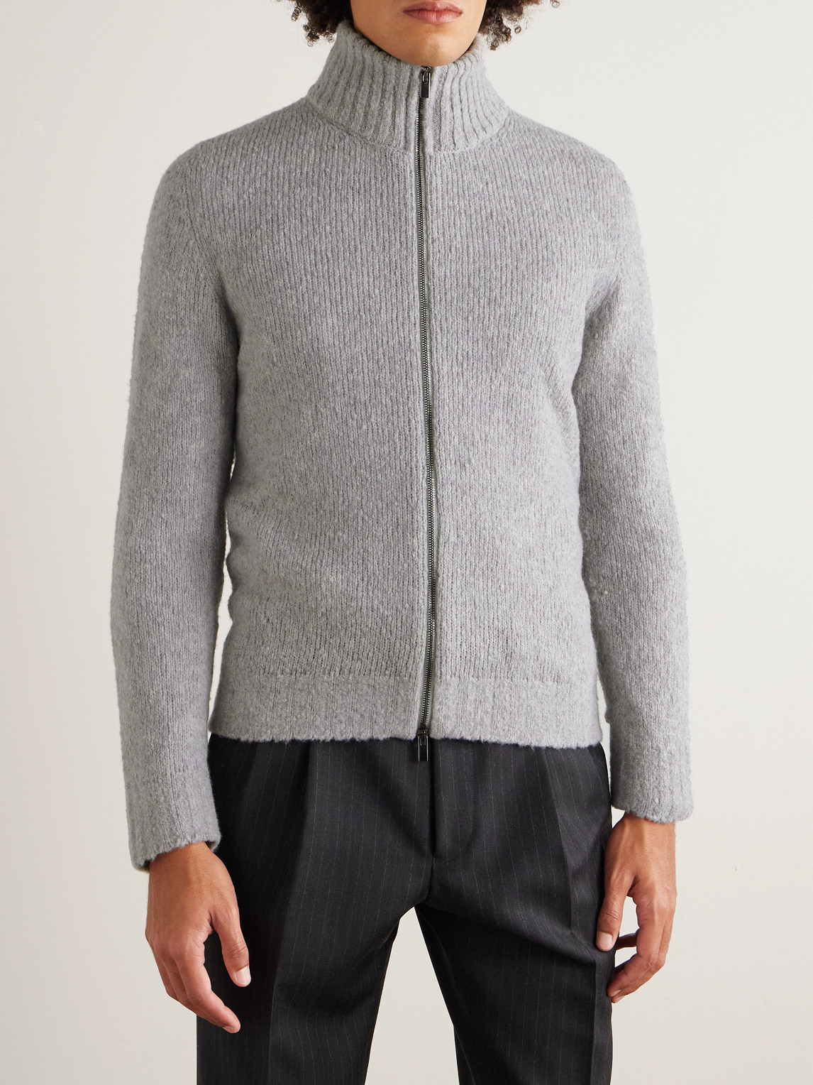 Thom Sweeney Slim-fit Merino Wool-blend Zip-up Cardigan In Gray
