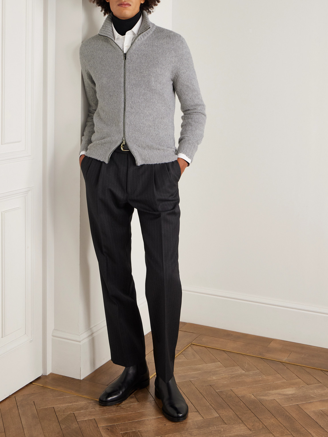 Thom Sweeney Slim-fit Merino Wool-blend Zip-up Cardigan In Gray