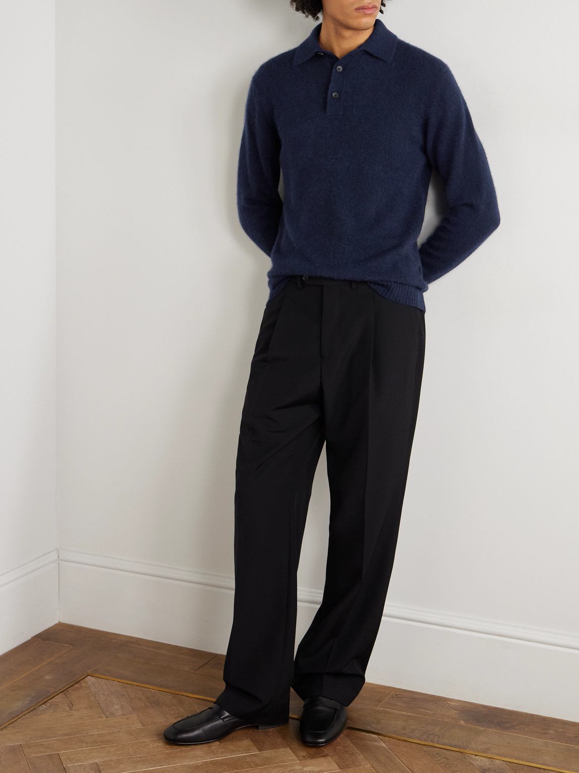 Thom Sweeney Brushed Cashmere-blend Polo Shirt In Blue