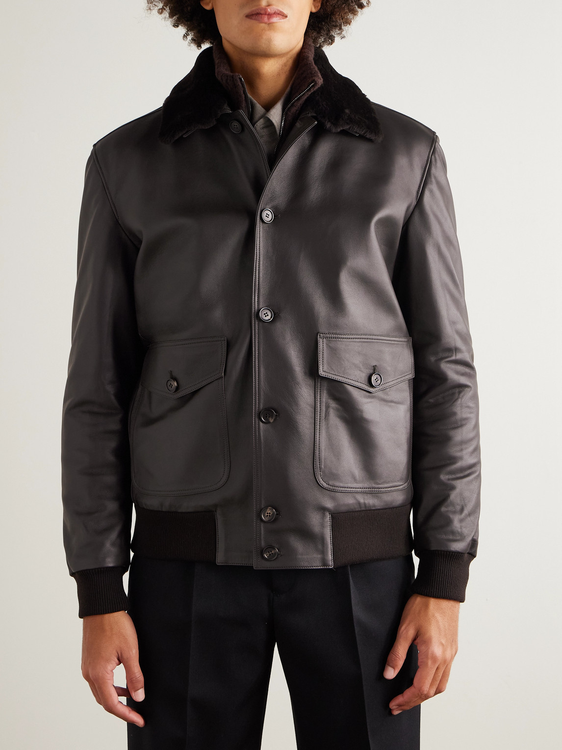 Thom Sweeney Shearling-trimmed Leather Jacket In Brown