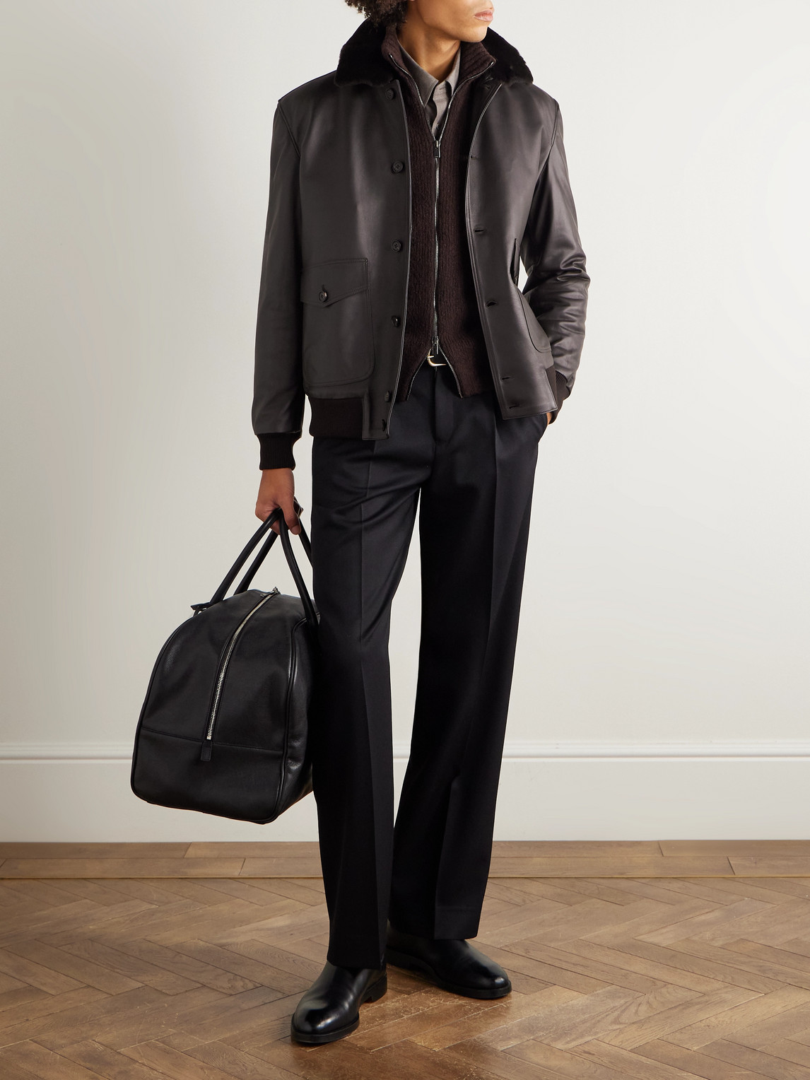 Thom Sweeney Shearling-trimmed Leather Jacket In Brown