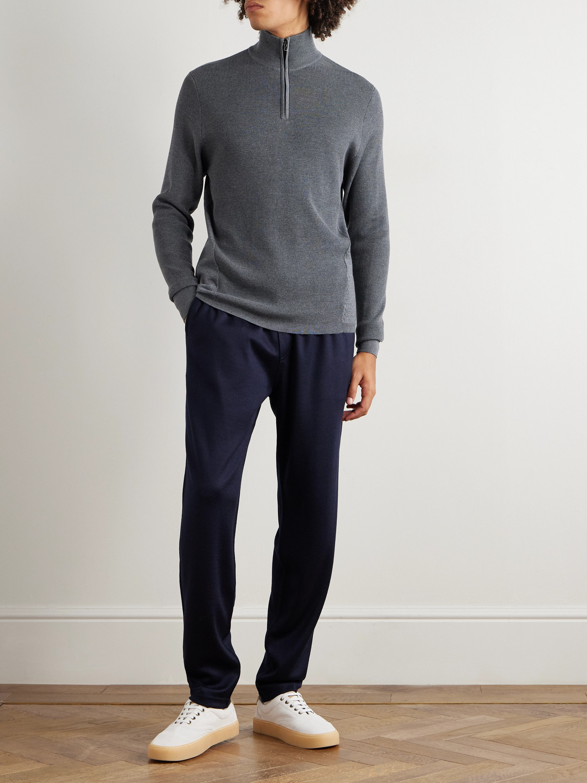Sease Waffle-knit Virgin Wool Half-zip Sweater In Gray