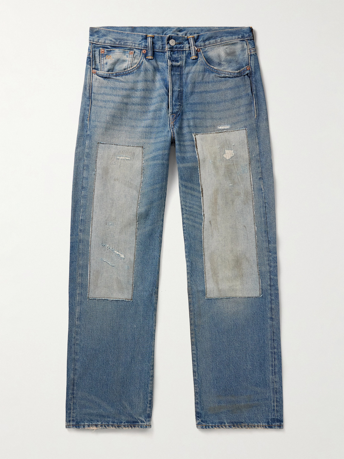 Rrl Straight-leg Distressed Panelled Selvedge Jeans In Blue