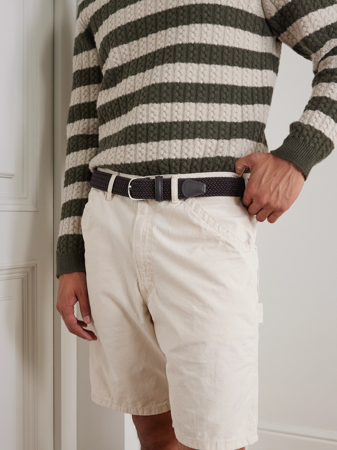 Anderson's 3.5cm Leather-trimmed Woven Elastic Belt