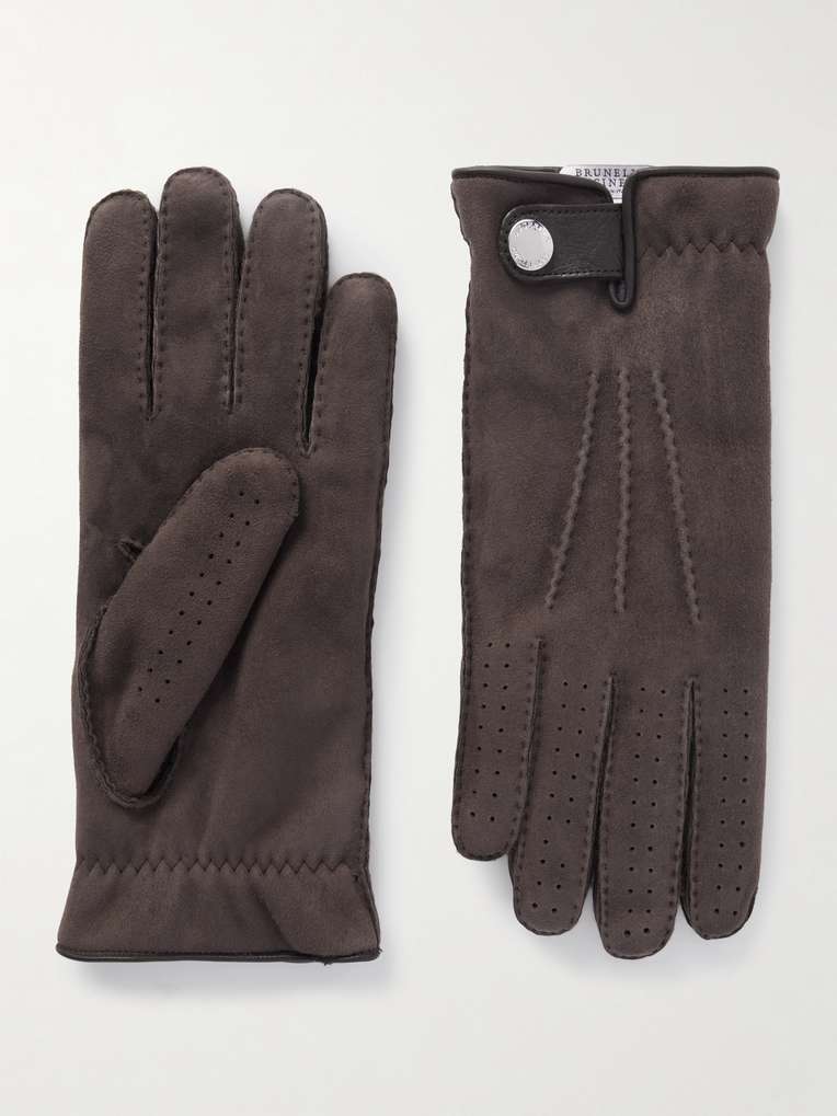Brunello Cucinelli — Leather-Trimmed Suede Gloves