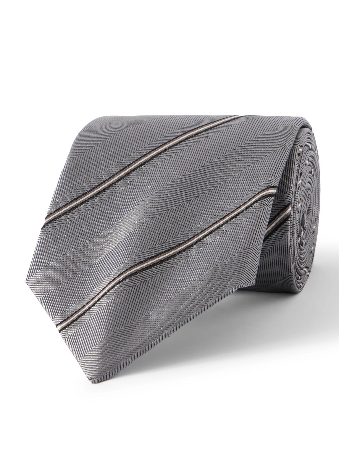 Brunello Cucinelli 8cm Striped Silk-herringbone Tie In Gray