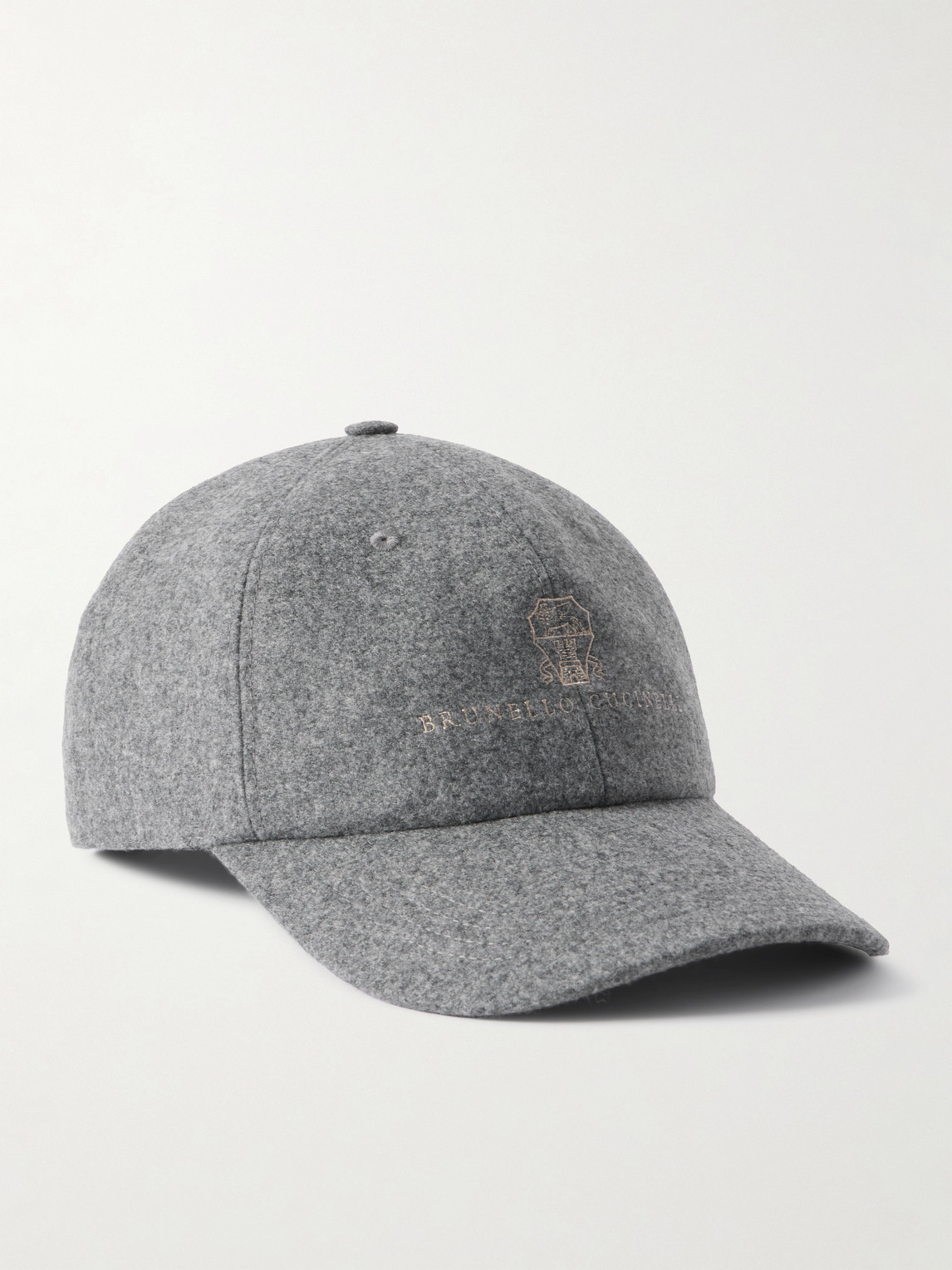Brunello Cucinelli Logo-embroidered Leather-trimmed Wool-flannel Baseball Cap In Gray