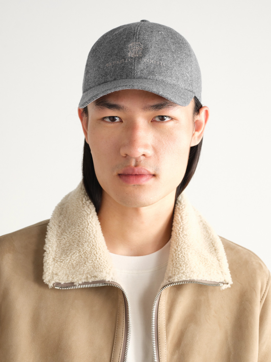 Brunello Cucinelli Logo-embroidered Leather-trimmed Wool-flannel Baseball Cap