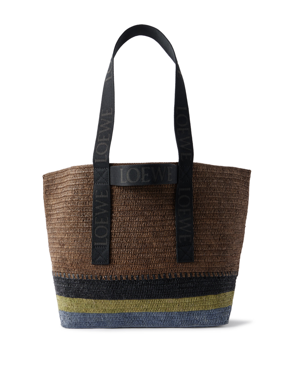 Fold Webbing-Trimmed Striped Raffia Tote Bag