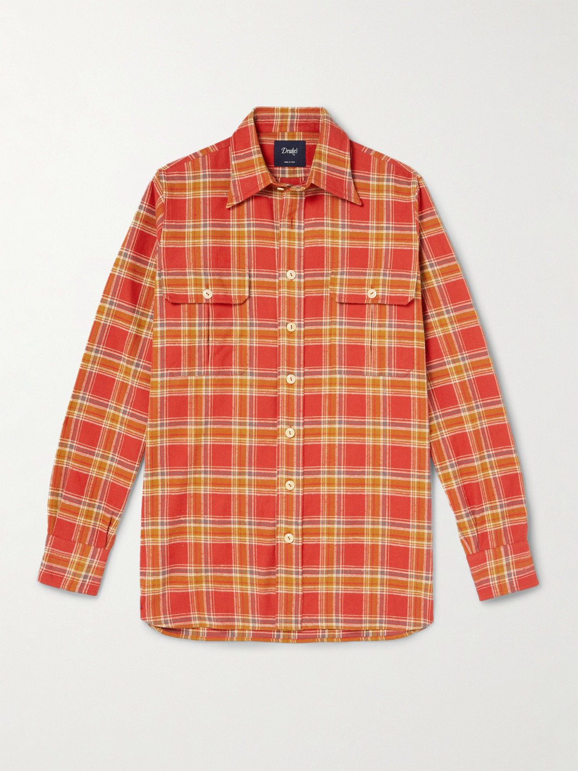 Drake's Him Checked Cotton-flannel Shirt In Orange