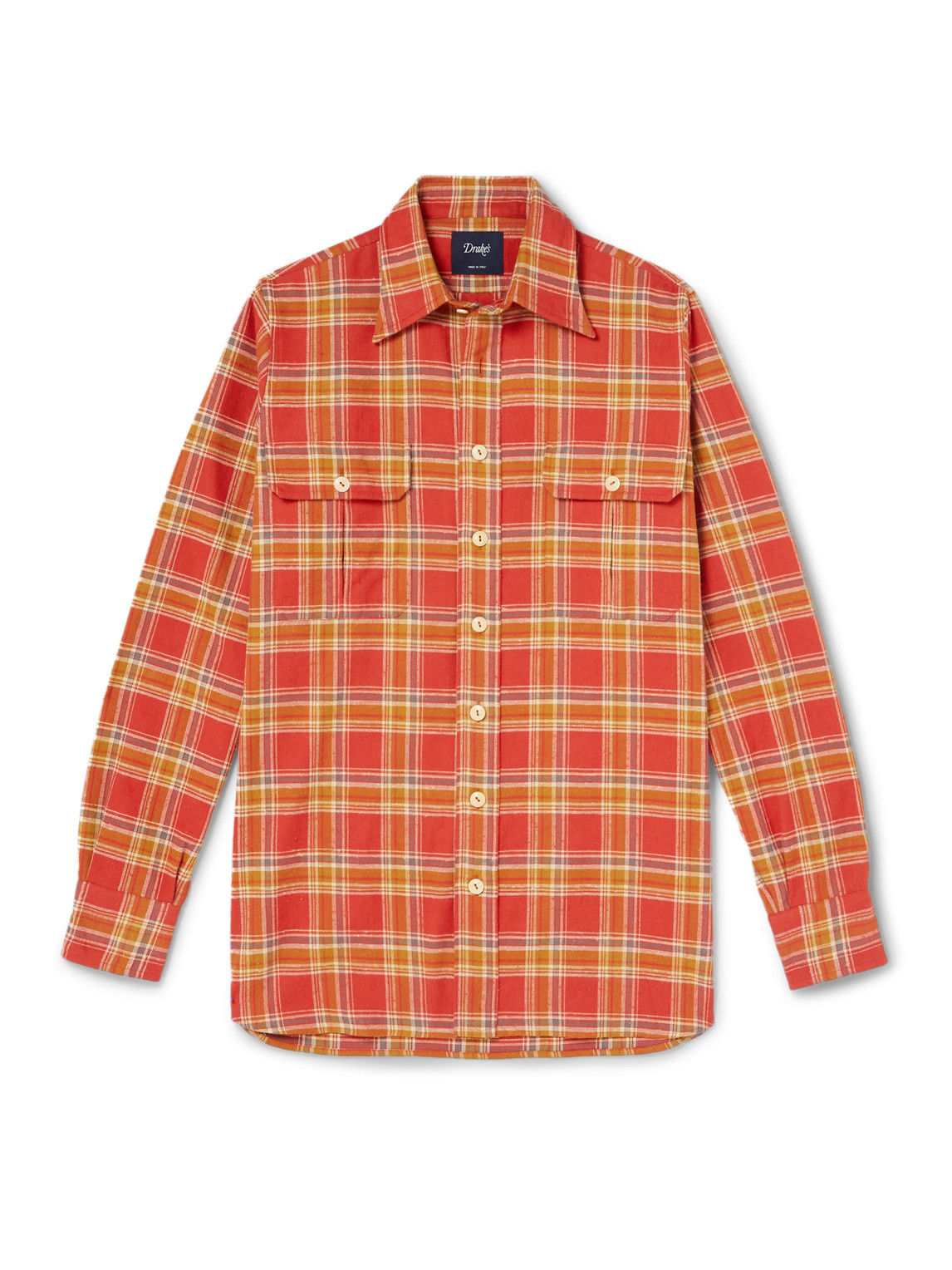 Drake's Him Checked Cotton-flannel Shirt In Orange