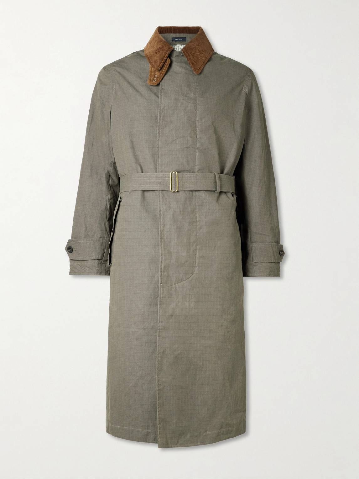 Drake's Him Rider's Belted Corduroy-trimmed Cotton-ripstop Coat In Green