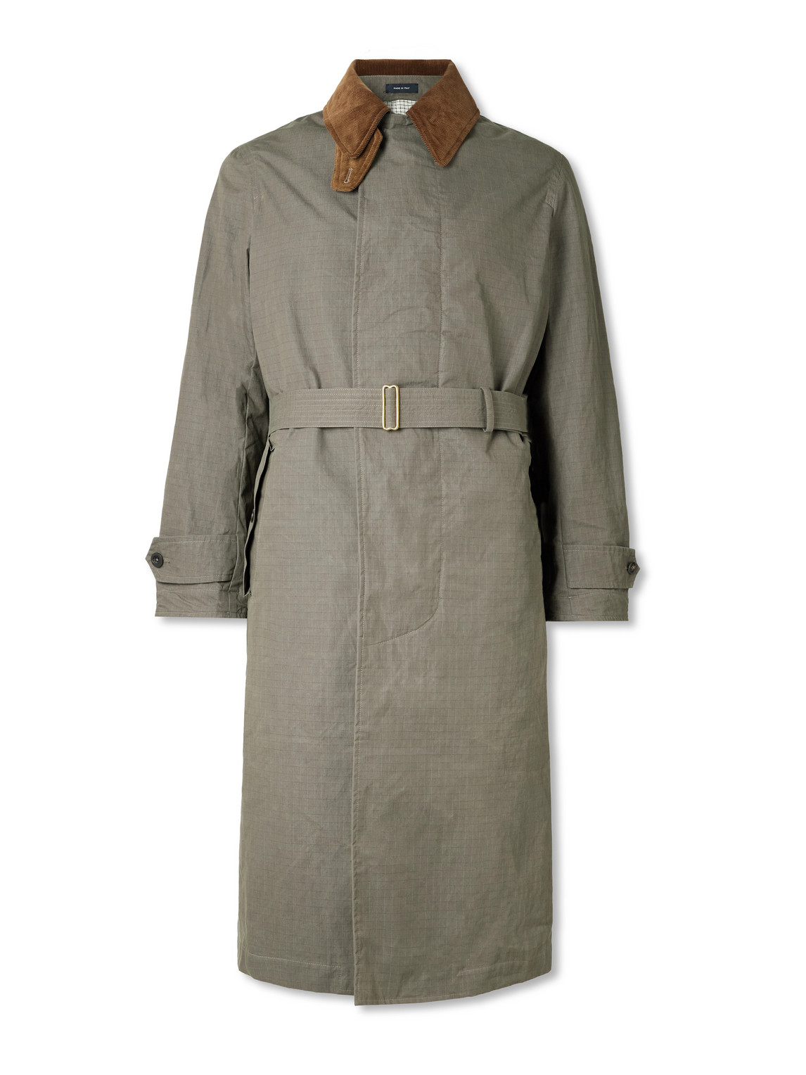 Drake's Him Rider's Belted Corduroy-trimmed Cotton-ripstop Coat In Green