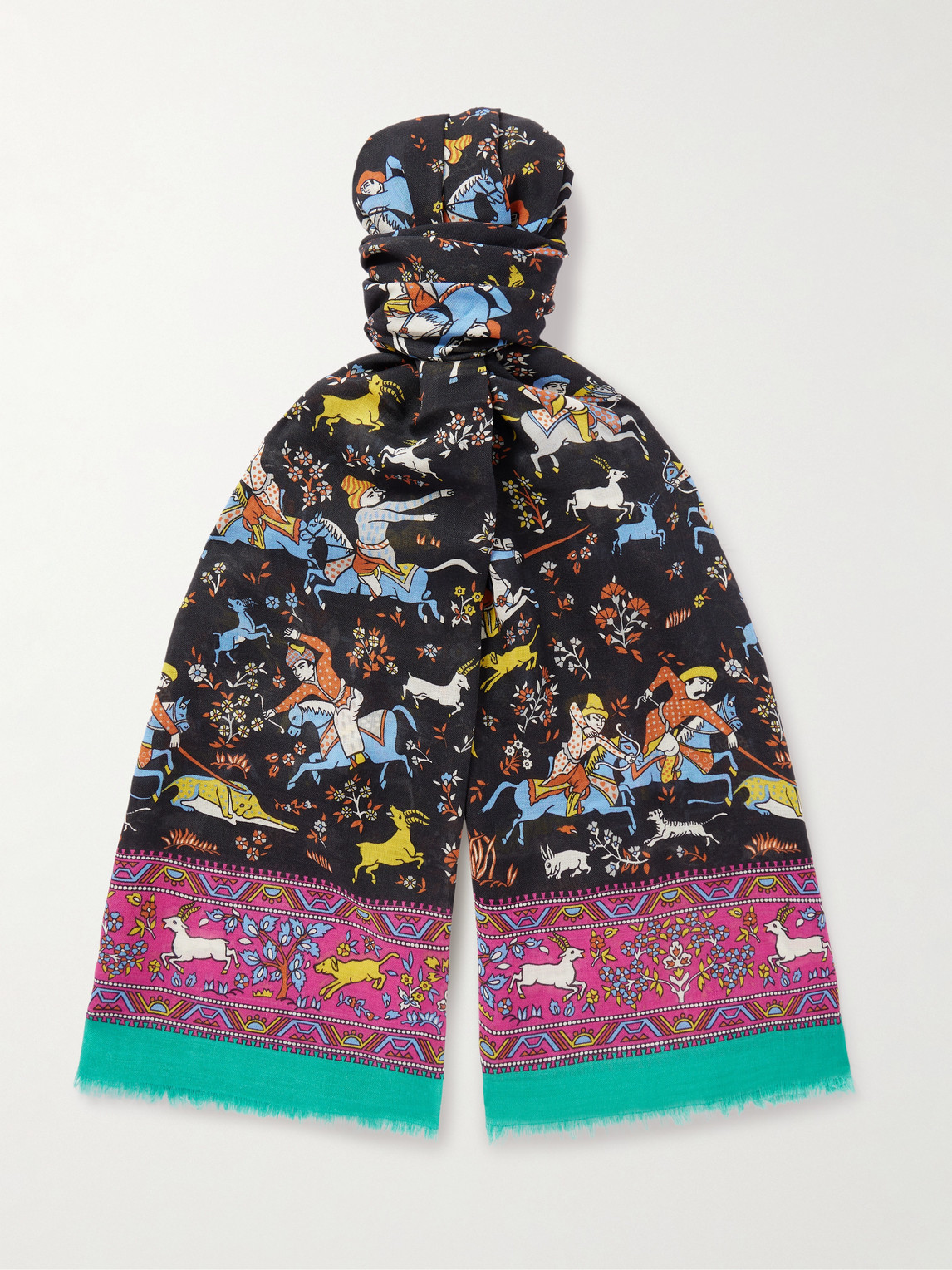 Drake's - Fringed Printed Wool And Silk-Blend Scarf