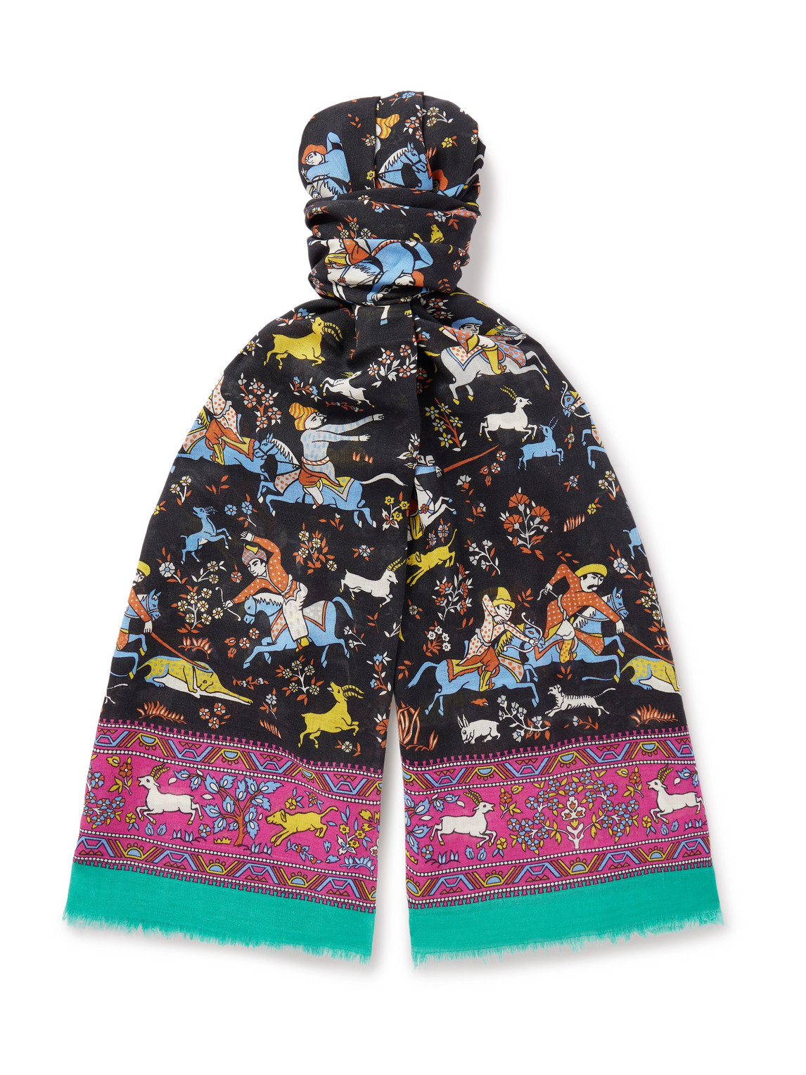Drake's Him Mughal Fringed Printed Wool And Silk-blend Scarf In Multi