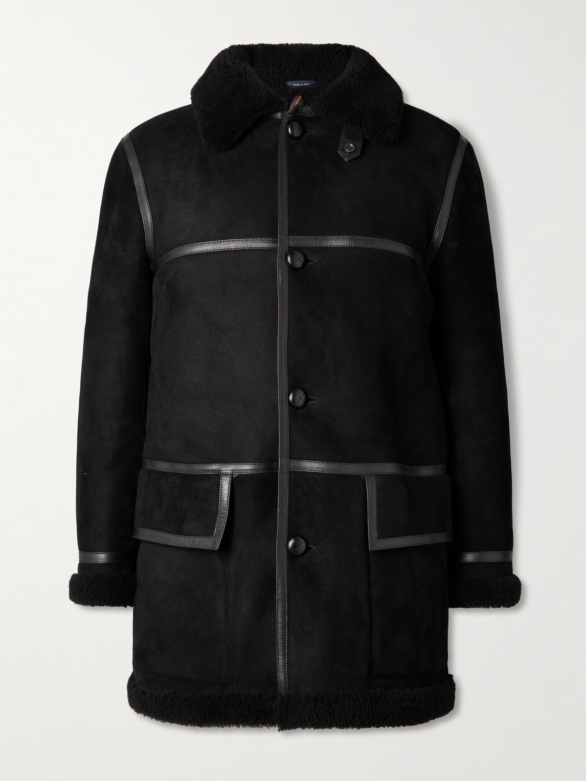 Drake's Him Leather-trimmed Shearling Coat In Black