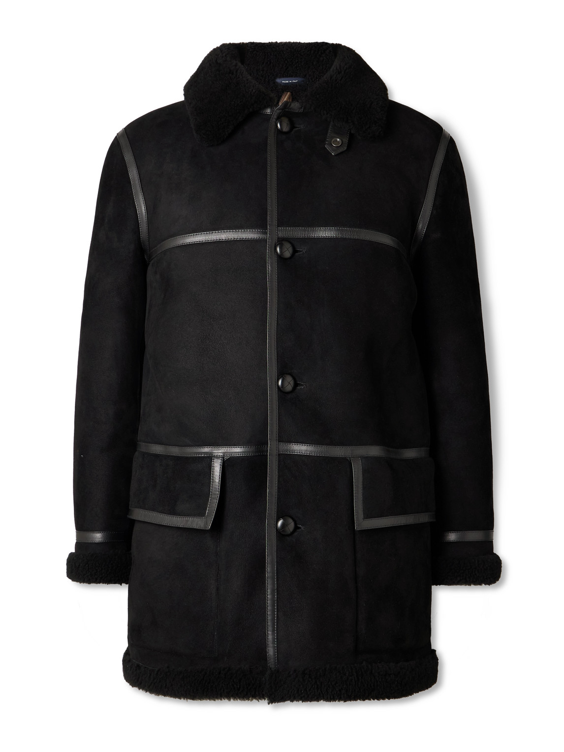 Drake's Him Leather-trimmed Shearling Coat In Black