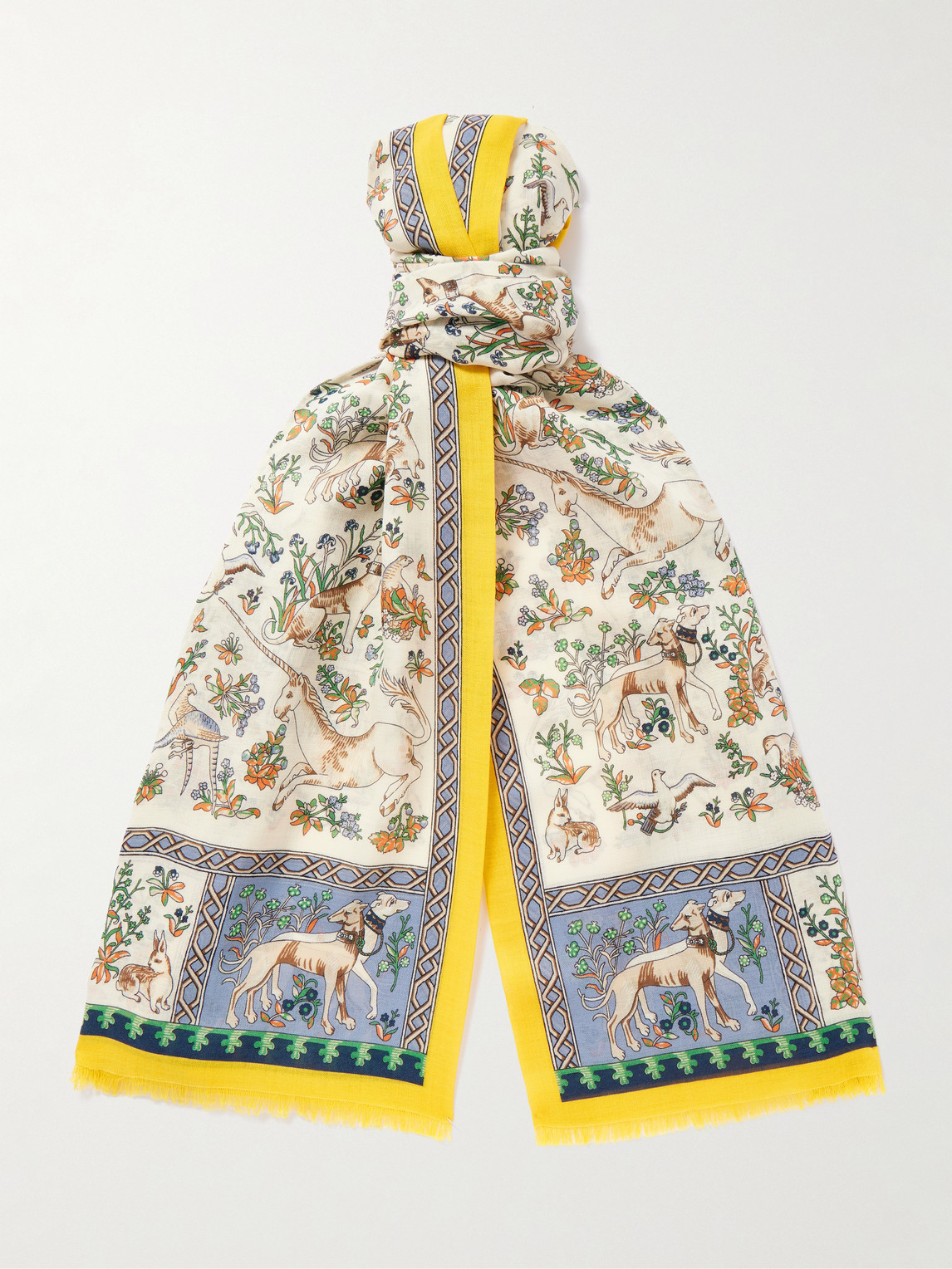 Drake's Him Fringed Printed Wool And Silk-blend Scarf In Yellow