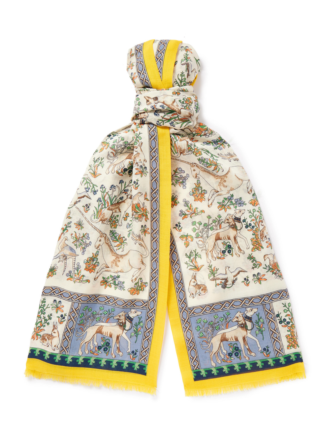 Drake's Him Fringed Printed Wool And Silk-blend Scarf In Yellow
