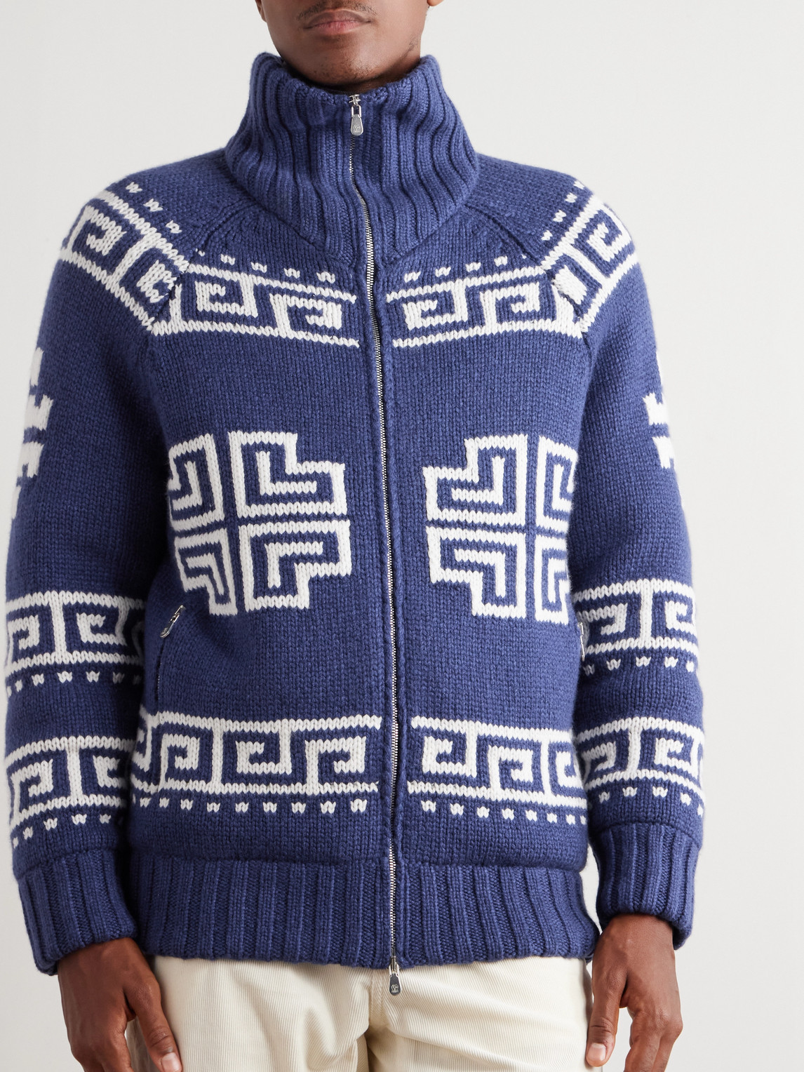  Brunello Cucinelli - Jacquard-knit Cashmere Down Rollneck Cardigan - Men - Blue - It 52 
