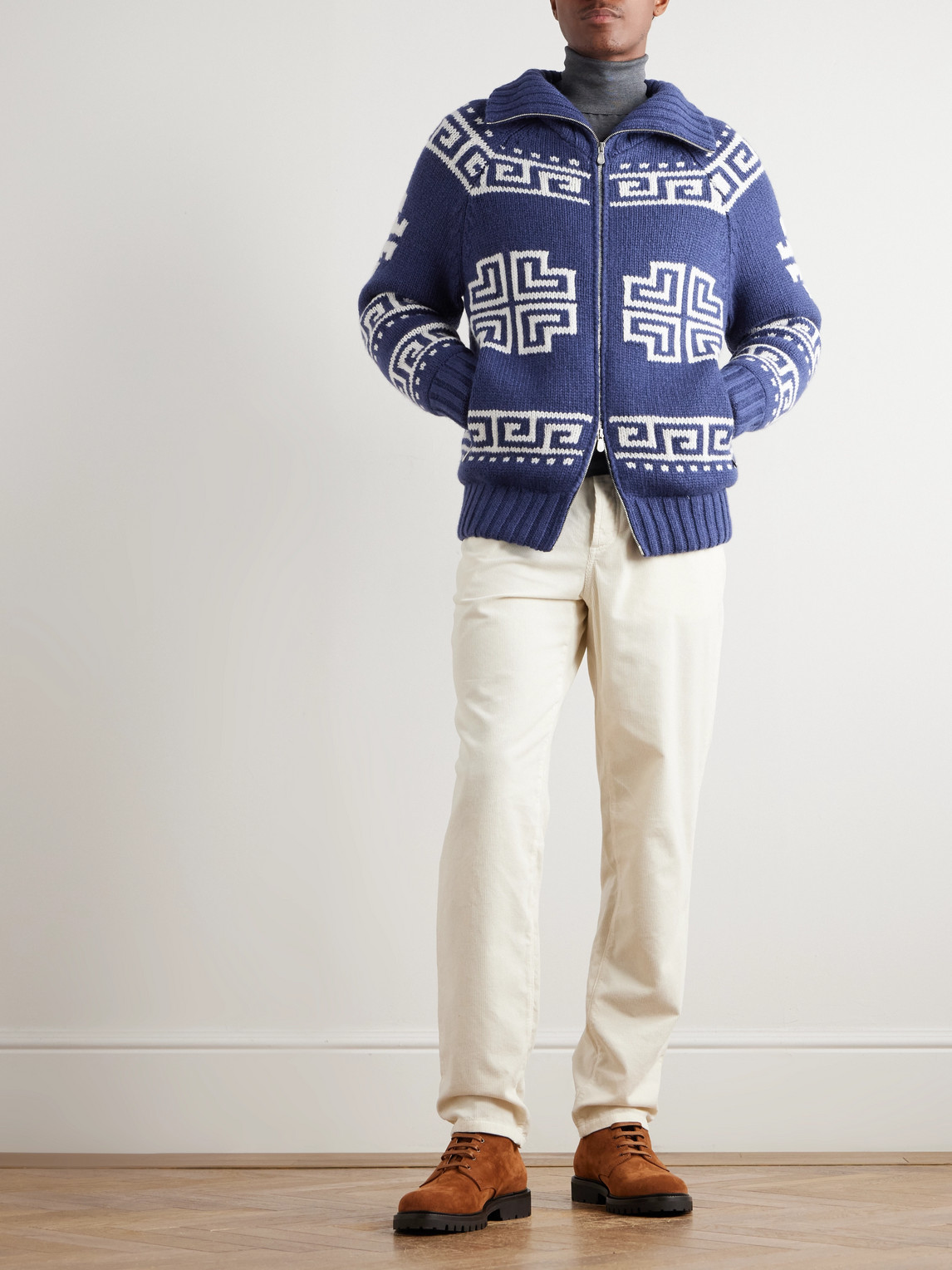 Jacquard-Knit Cashmere Down Rollneck Cardigan