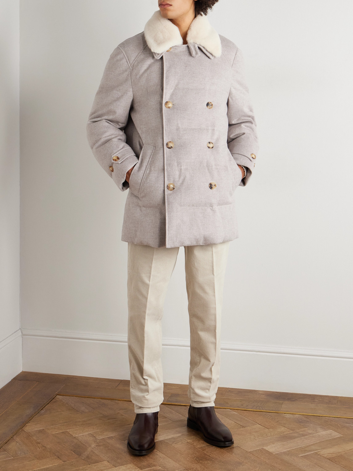 Double-Breasted Shearling-Trimmed Quilted Cashmere Down Coat