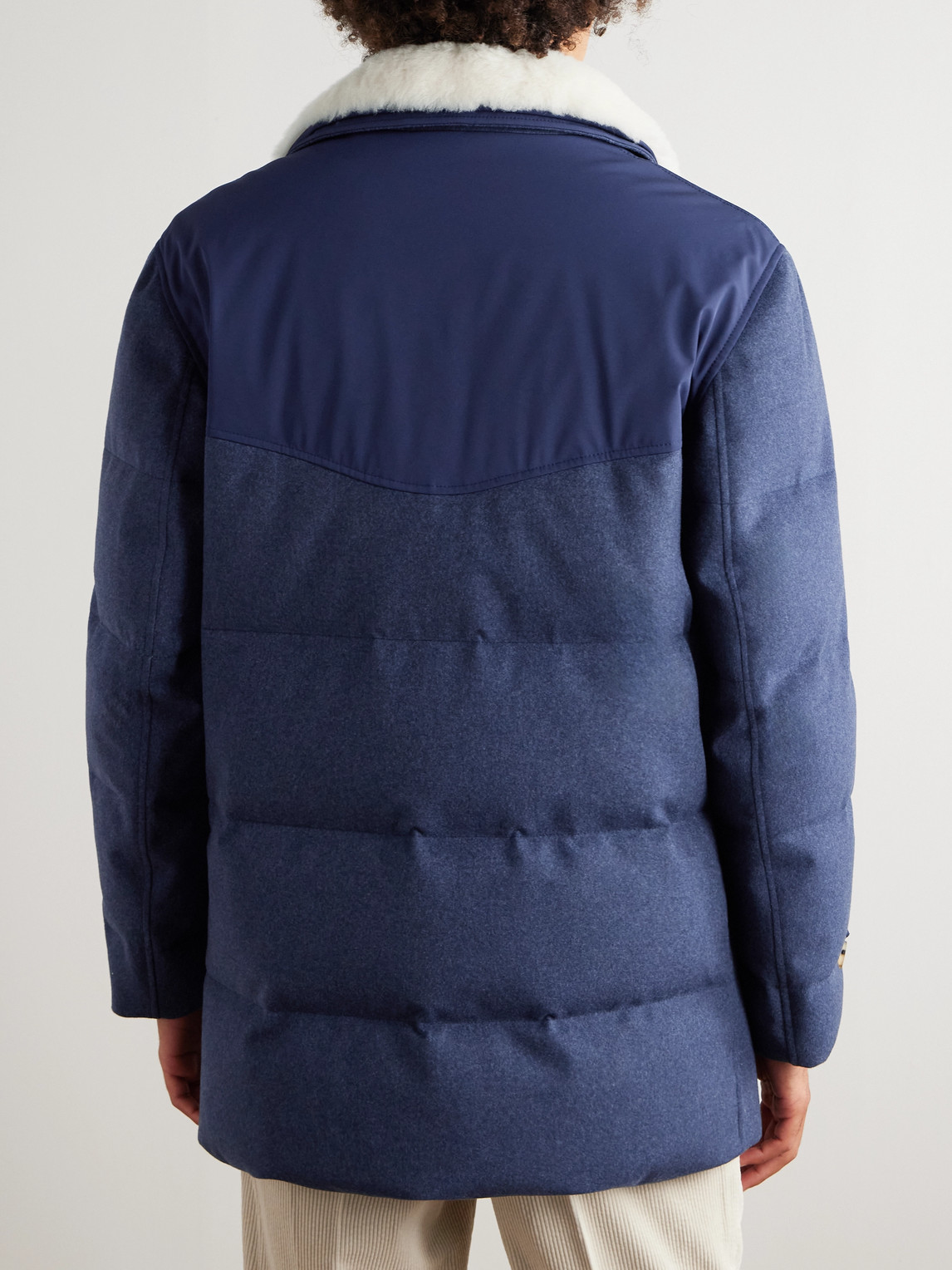 Double-Breasted Shearling-Trimmed Quilted Wool Down Coat