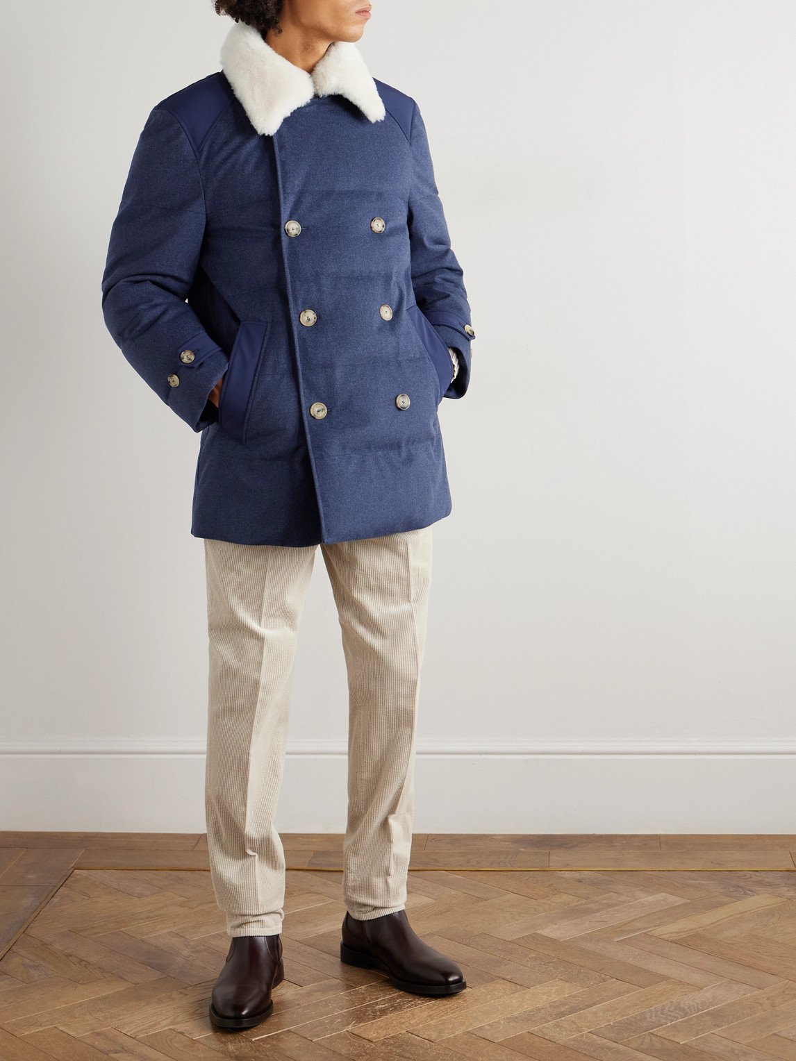 Double-Breasted Shearling-Trimmed Quilted Wool Down Coat