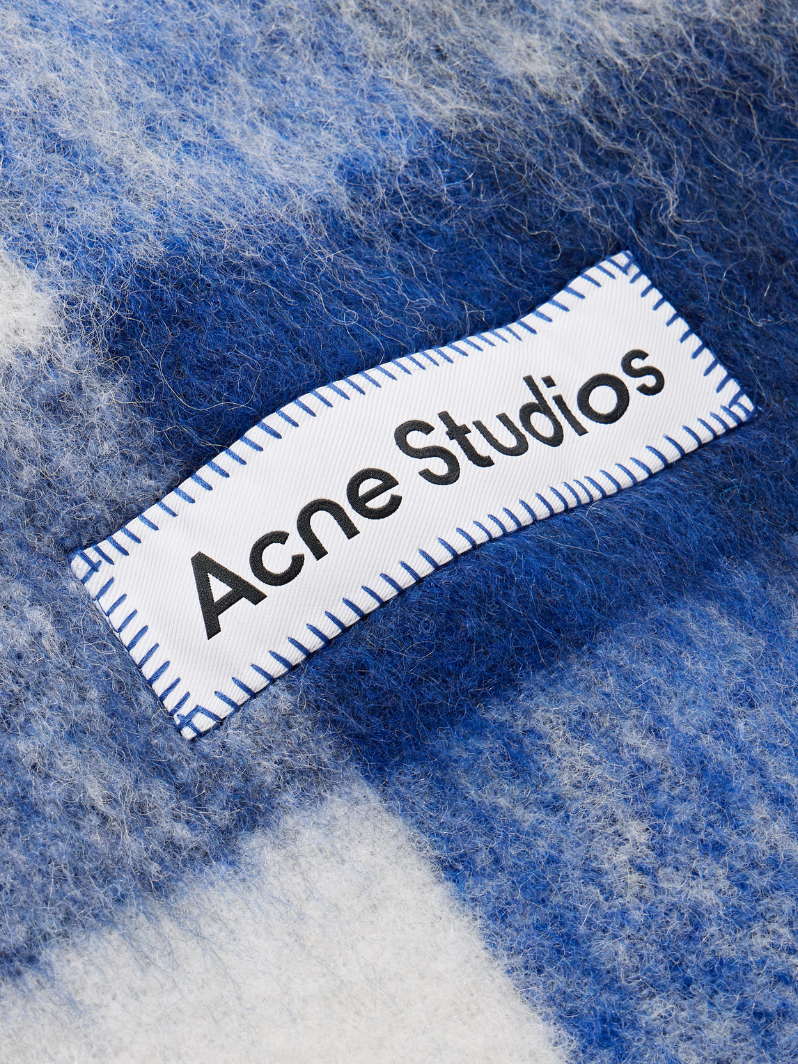 Acne Studios Vally Fringed Checked Knitted Scarf In Blue