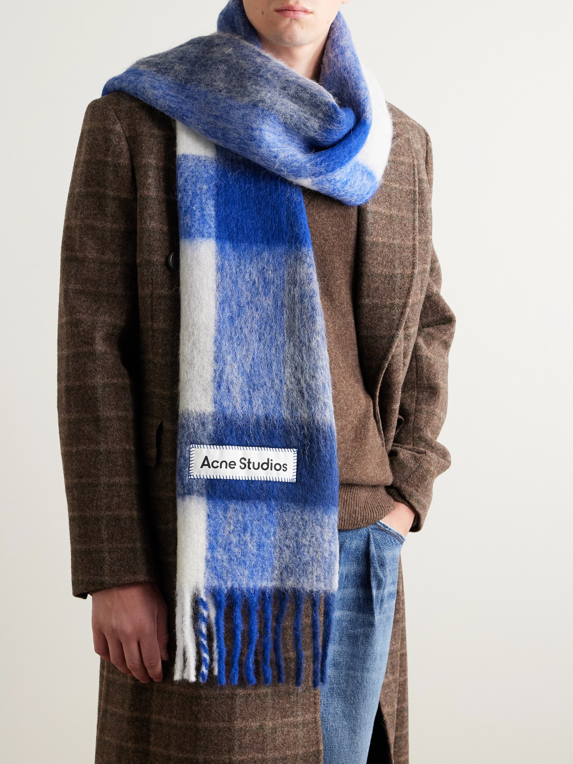 Acne Studios Vally Fringed Checked Knitted Scarf In Blue