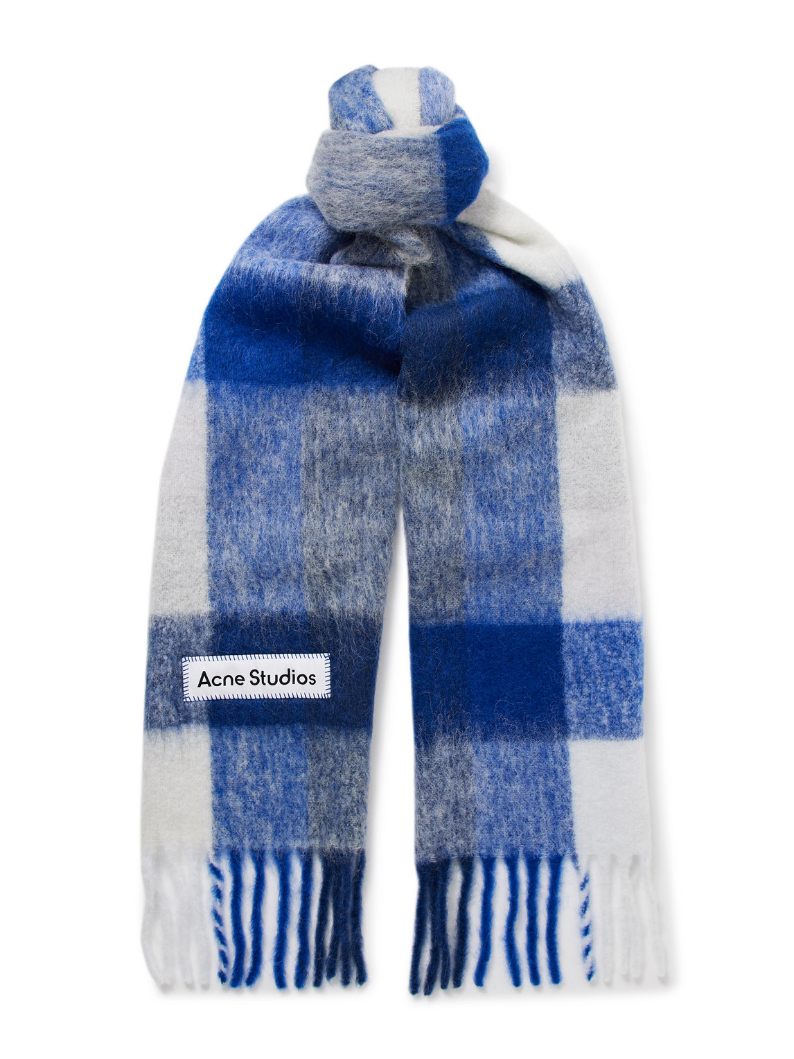 Acne Studios Vally Fringed Checked Knitted Scarf In Blue