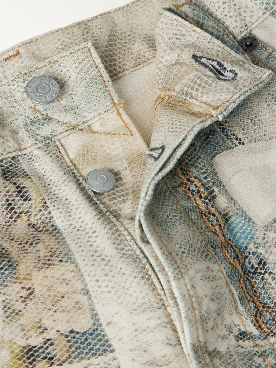 Acne Studios Distressed Printed Barrel-leg Jeans In Green