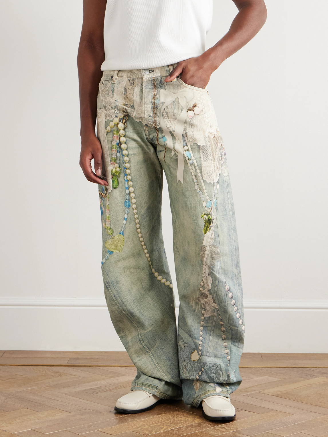 Acne Studios Distressed Printed Barrel-leg Jeans In Green