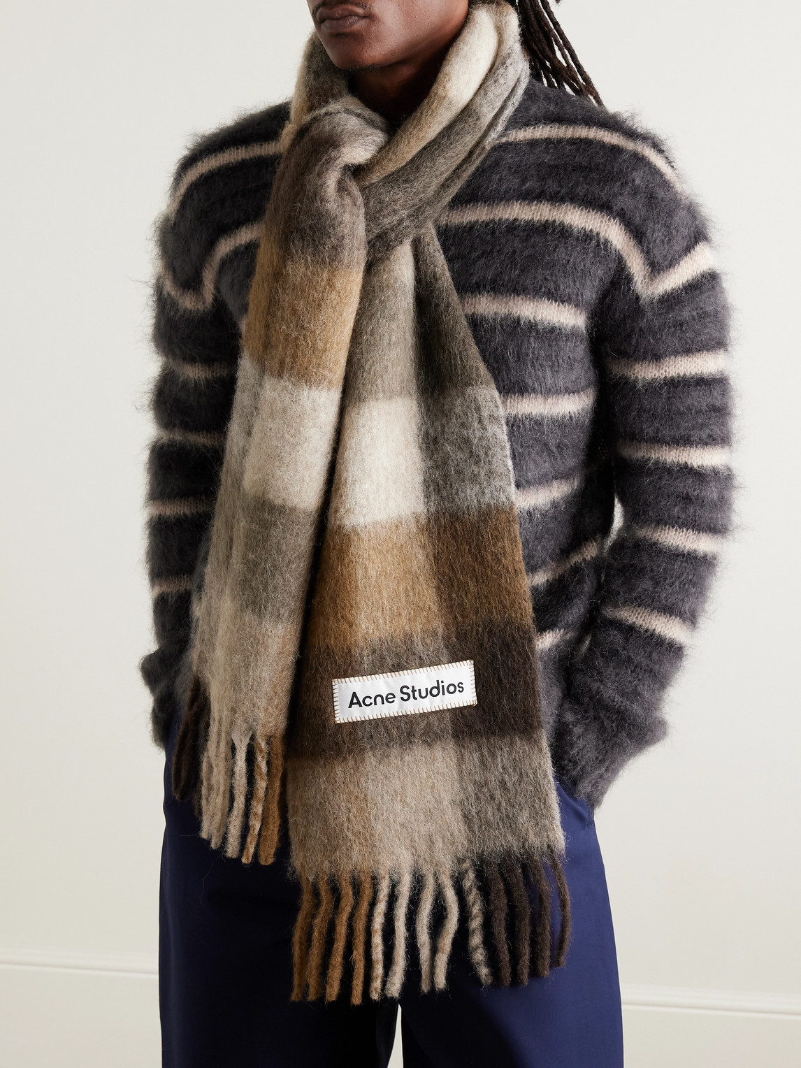 Acne Studios Vally Fringed Checked Knitted Scarf In Brown
