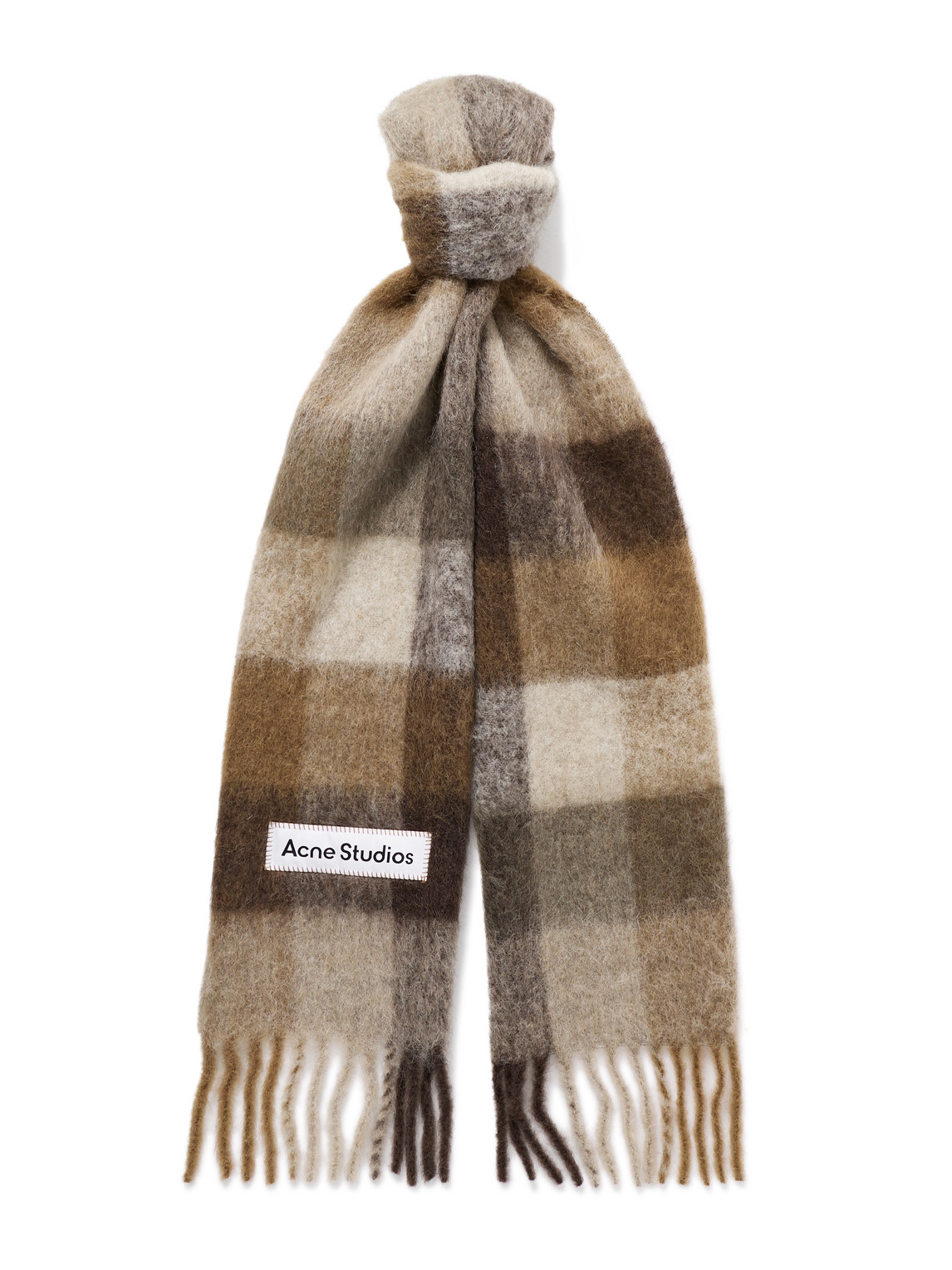 Acne Studios Vally Fringed Checked Knitted Scarf In Brown